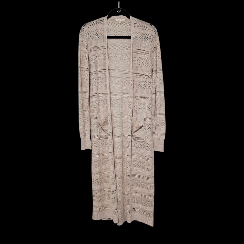 Beige Pointelle Knit Duster Cardigan Medium Open Front Boho Maxi Festival Beachy
